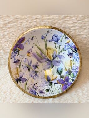 Plow & Hearth Golden Lilac Mango Wood Bowl Floral Gold Decorative Dinnerware